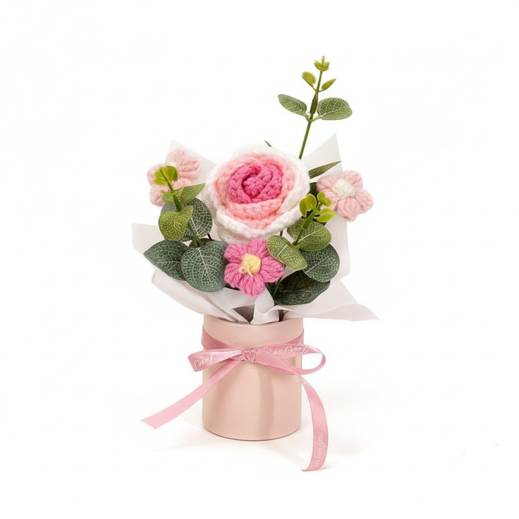 Knitted Flower Bouquet Crochet Rose Flowers Hugging Bucket New Year Gifts Living Room Desk Decoration Valentine's Day Gift