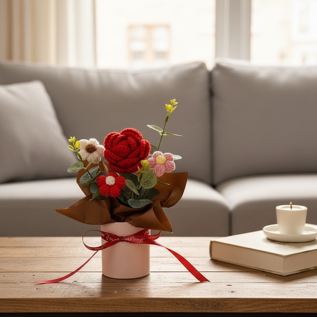 Knitted Flower Bouquet Crochet Rose Flowers Hugging Bucket New Year Gifts Living Room Desk Decoration Valentine's Day Gift