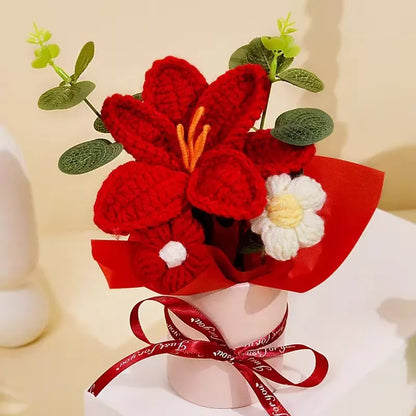 Knitted Flower Bouquet Crochet Rose Flowers Hugging Bucket New Year Gifts Living Room Desk Decoration Valentine's Day Gift