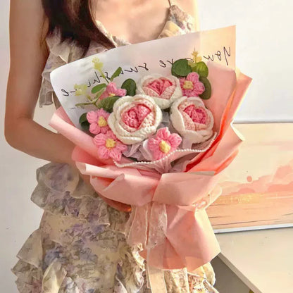 Knitted Flower Bouquet Crochet Rose Flowers Hugging Bucket New Year Gifts Living Room Desk Decoration Valentine's Day Gift